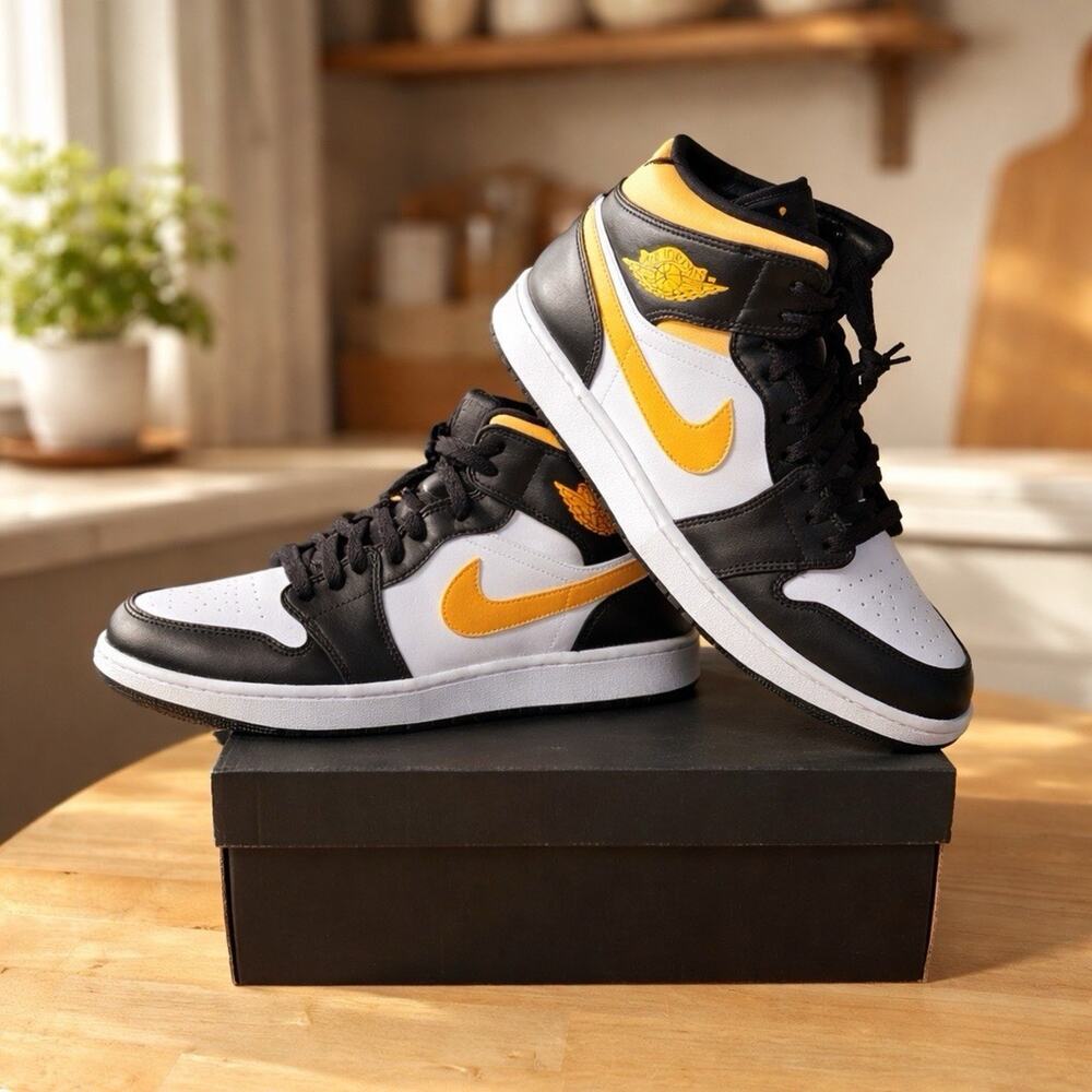 Jordan Air Jordan 1 Mid Black White University Gold Leather 554724-177 Men 14